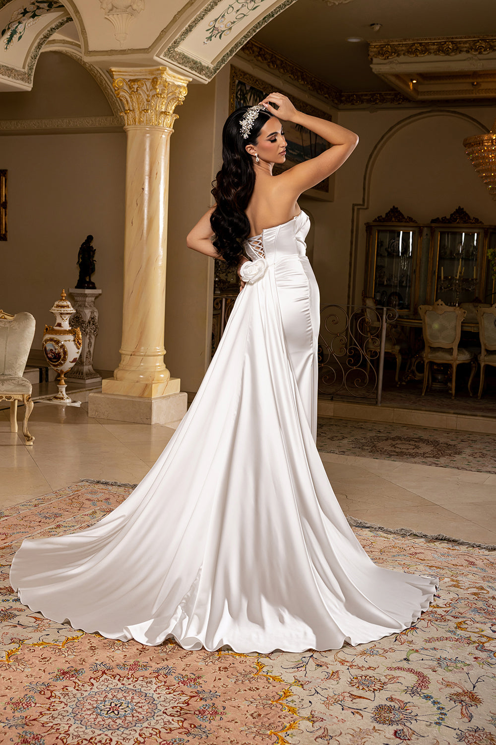 Sleeveless Satin Sheath Wedding Dress with Sweetheart Neckline with Slit by Royal Queen RQ8239
