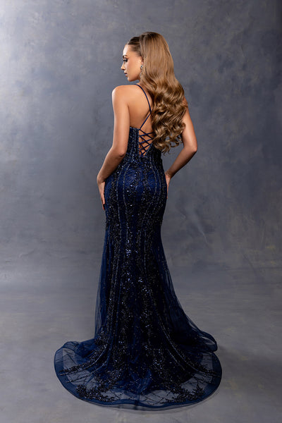Spaghetti Strap All-Over Beaded Sequin Mermaid Prom Dress with Sweep Train by Royal Queen RQ8242