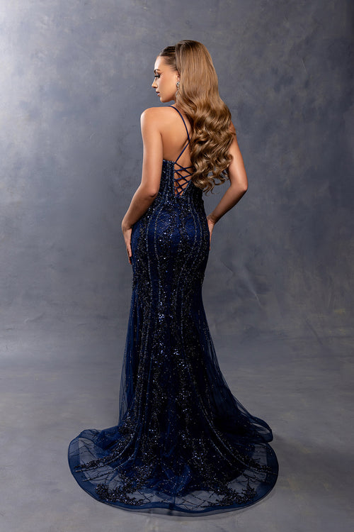 Spaghetti Strap All-Over Beaded Sequin Mermaid Prom Dress with Sweep Train by Royal Queen RQ8242