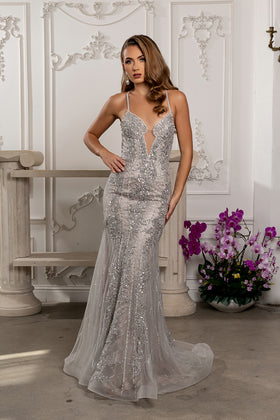 Spaghetti Strap All-Over Beaded Sequin Mermaid Prom Dress with Sweep Train by Royal Queen RQ8242