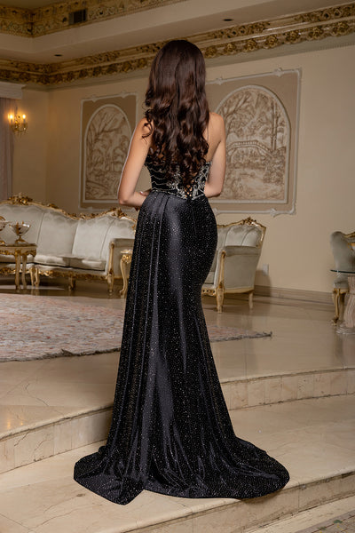 Beaded Corset Satin Prom Dress with Slit & Draped Overskirt by Royal Queen RQ8244