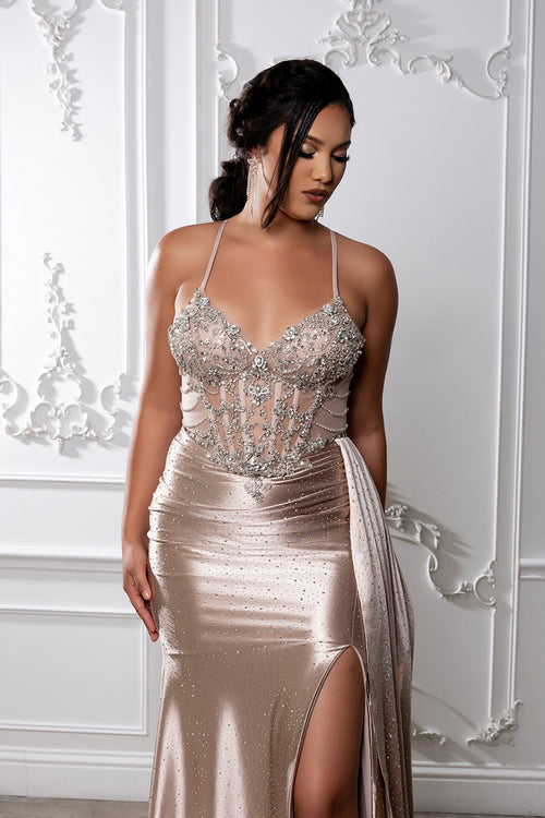 Beaded Corset Satin Prom Dress with Slit & Draped Overskirt by Royal Queen RQ8244