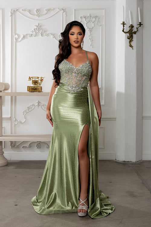Beaded Corset Satin Prom Dress with Slit & Draped Overskirt by Royal Queen RQ8244