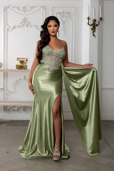 Beaded Corset Satin Prom Dress with Slit & Draped Overskirt by Royal Queen RQ8244