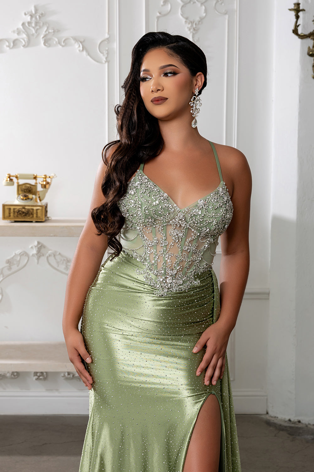 Beaded Corset Satin Prom Dress with Slit & Draped Overskirt by Royal Queen RQ8244