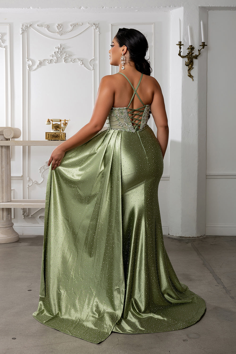 Beaded Corset Satin Prom Dress with Slit & Draped Overskirt by Royal Queen RQ8244
