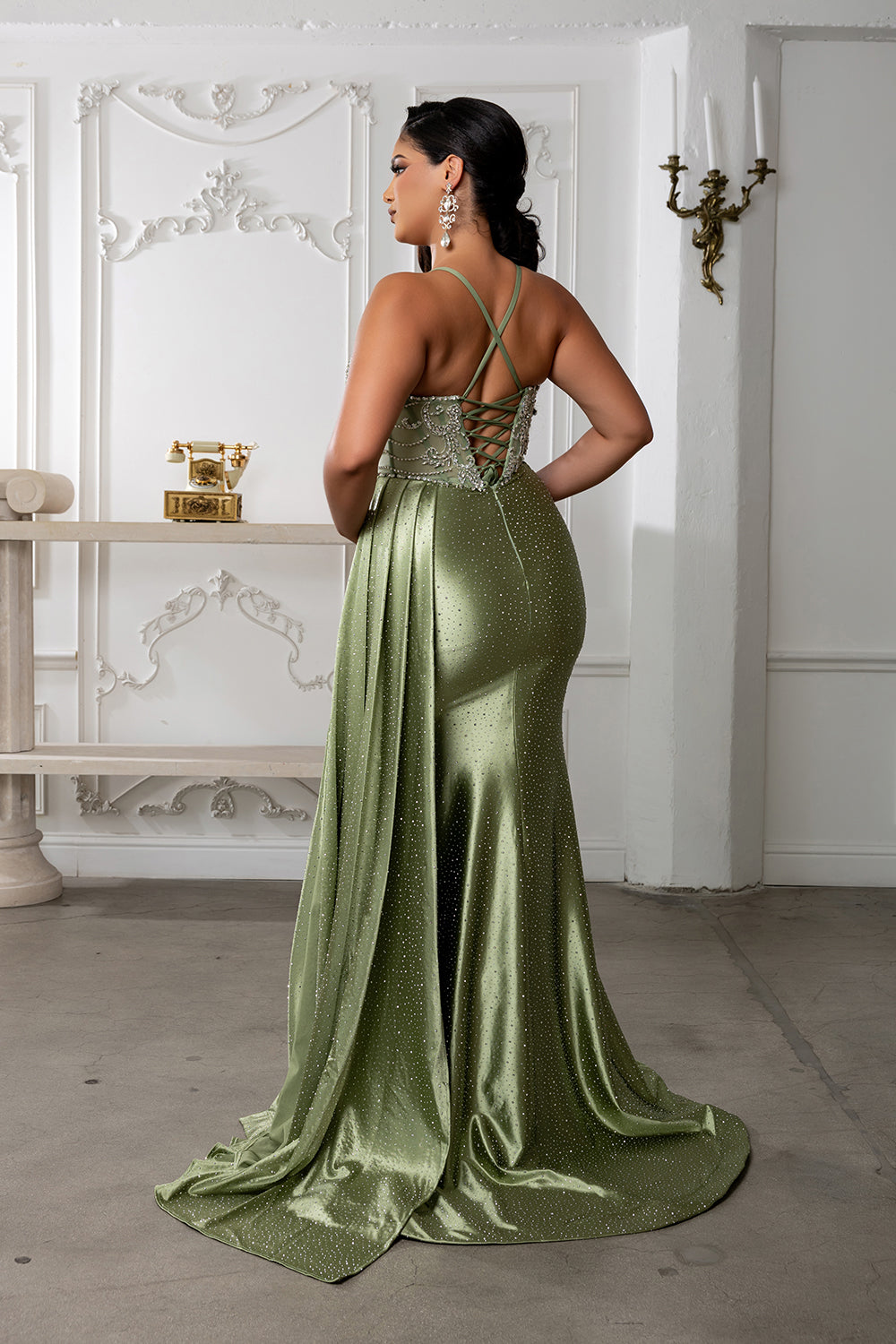Beaded Corset Satin Prom Dress with Slit & Draped Overskirt by Royal Queen RQ8244