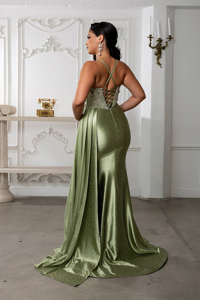 Beaded Corset Satin Prom Dress with Slit & Draped Overskirt by Royal Queen RQ8244