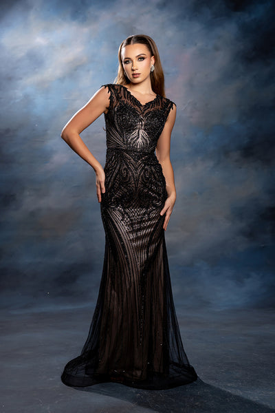 V-Neck Illusion Cap Sleeve Allover Beaded Mermaid Formal Prom Dress by Royal Queen RQ8245