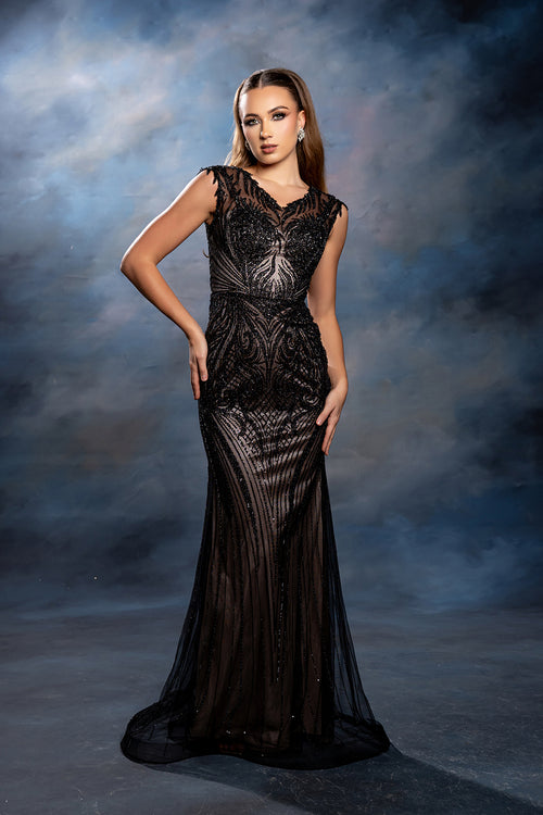 V-Neck Illusion Cap Sleeve Allover Beaded Mermaid Formal Prom Dress by Royal Queen RQ8245