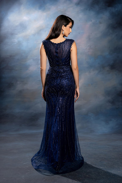 V-Neck Illusion Cap Sleeve Allover Beaded Mermaid Formal Prom Dress by Royal Queen RQ8245