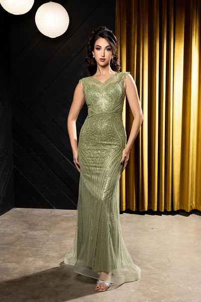 V-Neck Illusion Cap Sleeve Allover Beaded Mermaid Formal Prom Dress by Royal Queen RQ8245
