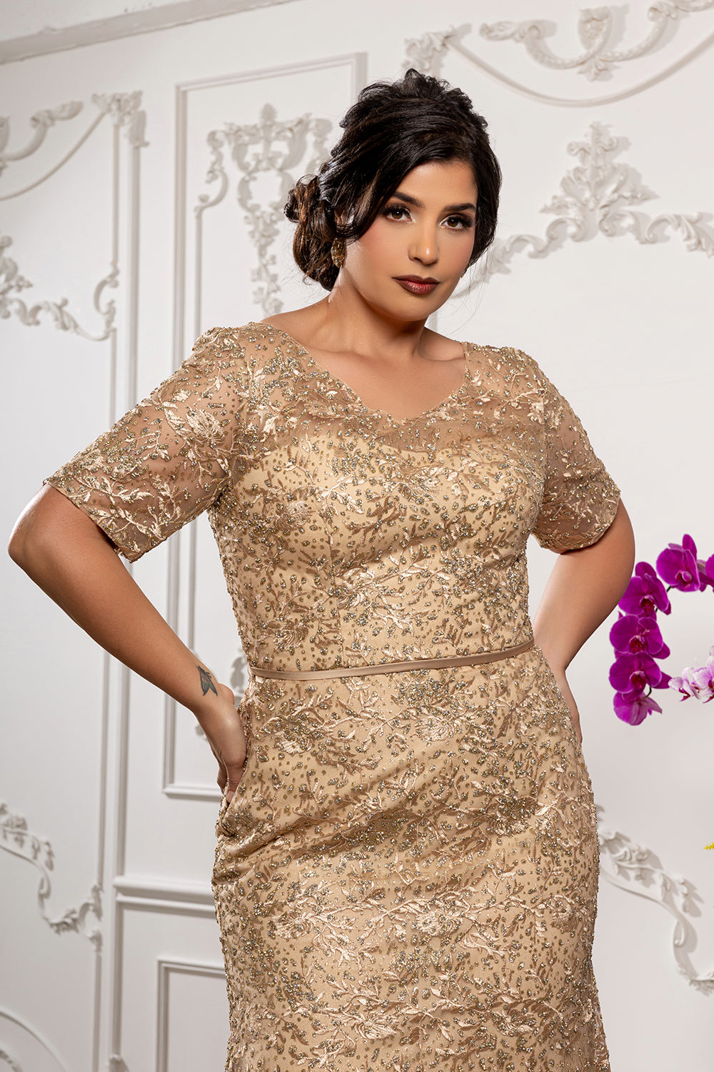 Sequin Lace Formal Gown V-Neck Mother of the Bride Dress with Short Sleeves by Royal Queen RQ8246
