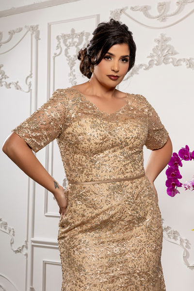 Sequin Lace Formal Gown V-Neck Mother of the Bride Dress with Short Sleeves by Royal Queen RQ8246