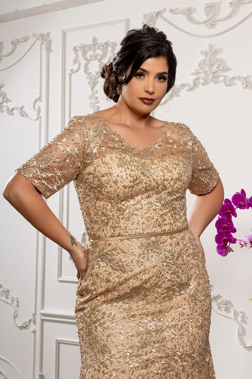 Sequin Lace Formal Gown V-Neck Mother of the Bride Dress with Short Sleeves by Royal Queen RQ8246