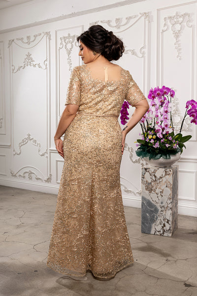 Sequin Lace Formal Gown V-Neck Mother of the Bride Dress with Short Sleeves by Royal Queen RQ8246
