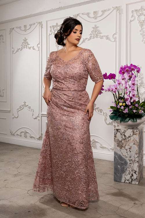 Sequin Lace Formal Gown V-Neck Mother of the Bride Dress with Short Sleeves by Royal Queen RQ8246