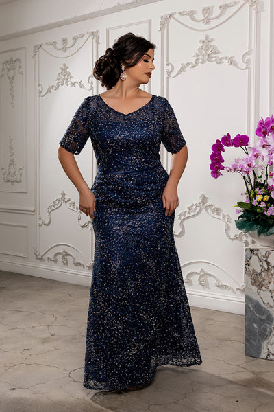 Sequin Lace Formal Gown V-Neck Mother of the Bride Dress with Short Sleeves by Royal Queen RQ8246