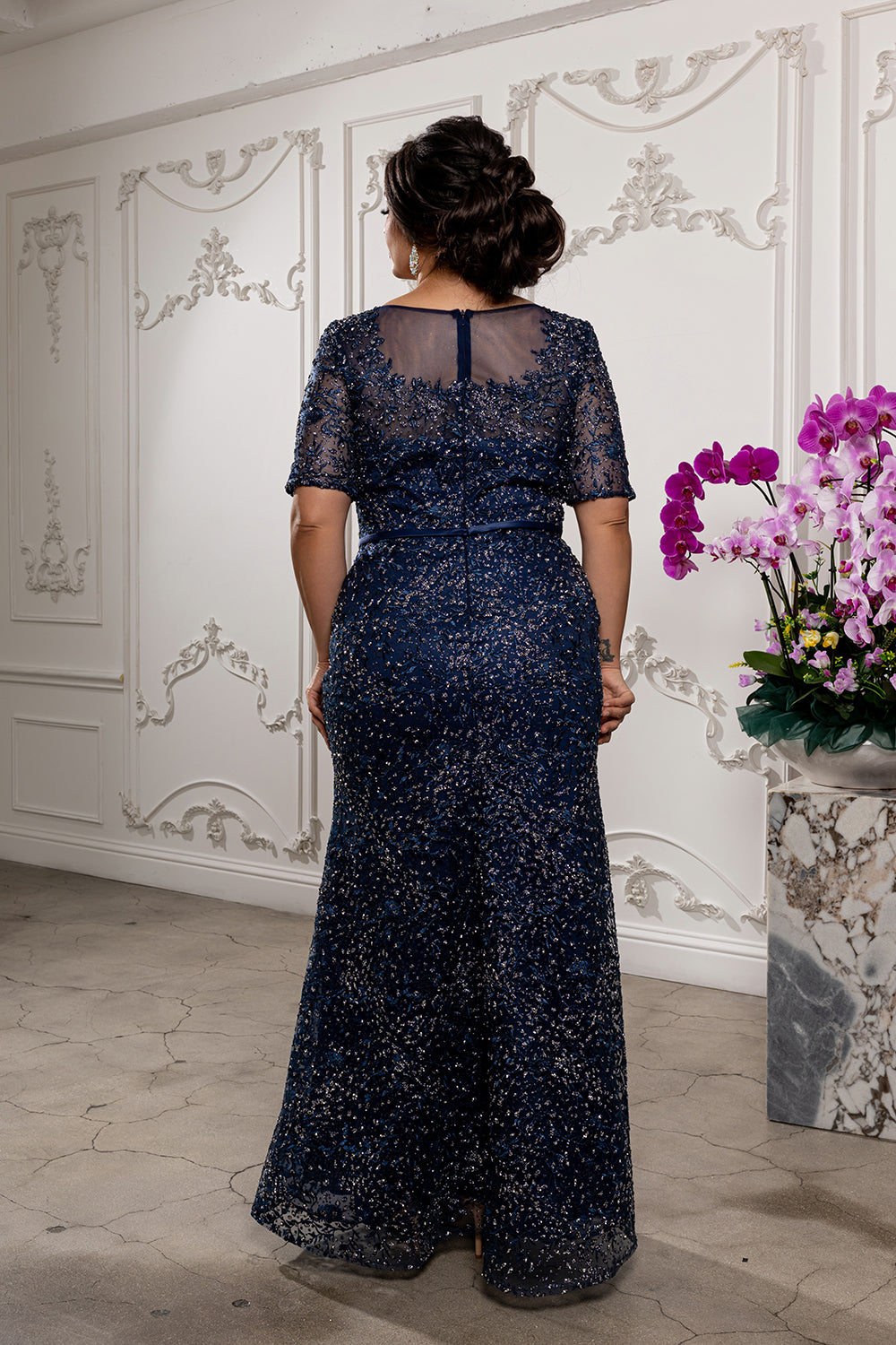 Sequin Lace Formal Gown V-Neck Mother of the Bride Dress with Short Sleeves by Royal Queen RQ8246