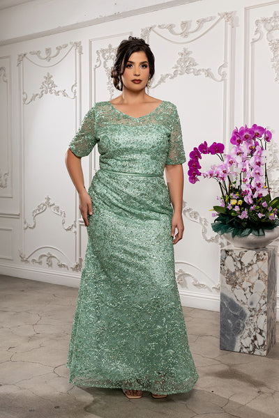 Sequin Lace Formal Gown V-Neck Mother of the Bride Dress with Short Sleeves by Royal Queen RQ8246