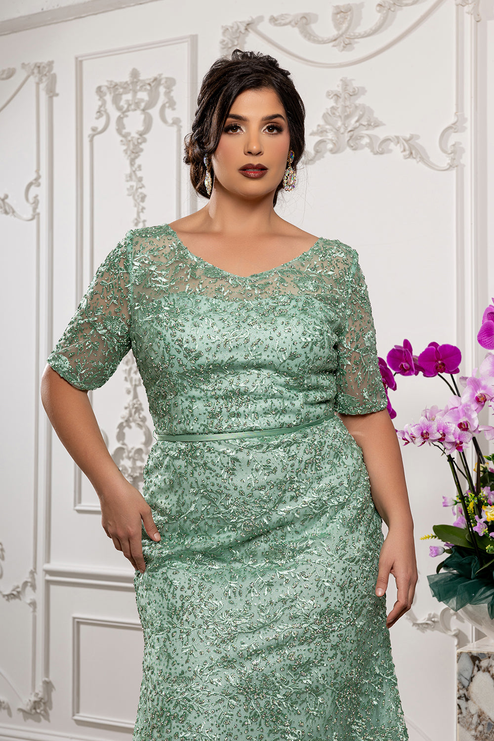 Sequin Lace Formal Gown V-Neck Mother of the Bride Dress with Short Sleeves by Royal Queen RQ8246