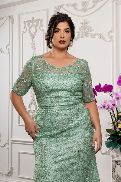 Sequin Lace Formal Gown V-Neck Mother of the Bride Dress with Short Sleeves by Royal Queen RQ8246