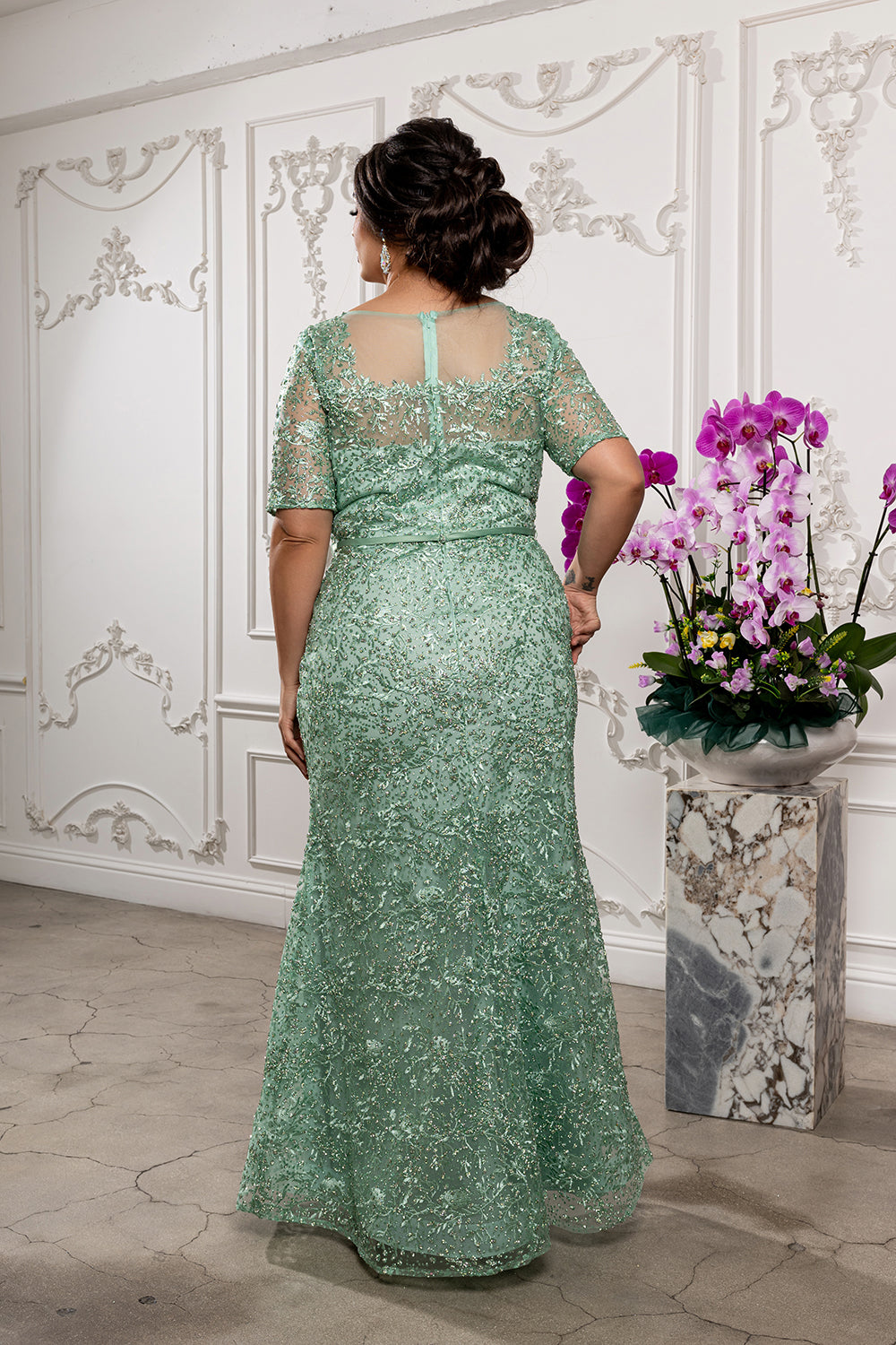 Sequin Lace Formal Gown V-Neck Mother of the Bride Dress with Short Sleeves by Royal Queen RQ8246