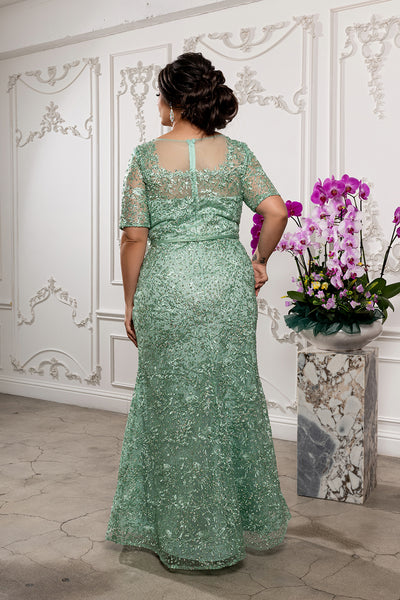Sequin Lace Formal Gown V-Neck Mother of the Bride Dress with Short Sleeves by Royal Queen RQ8246