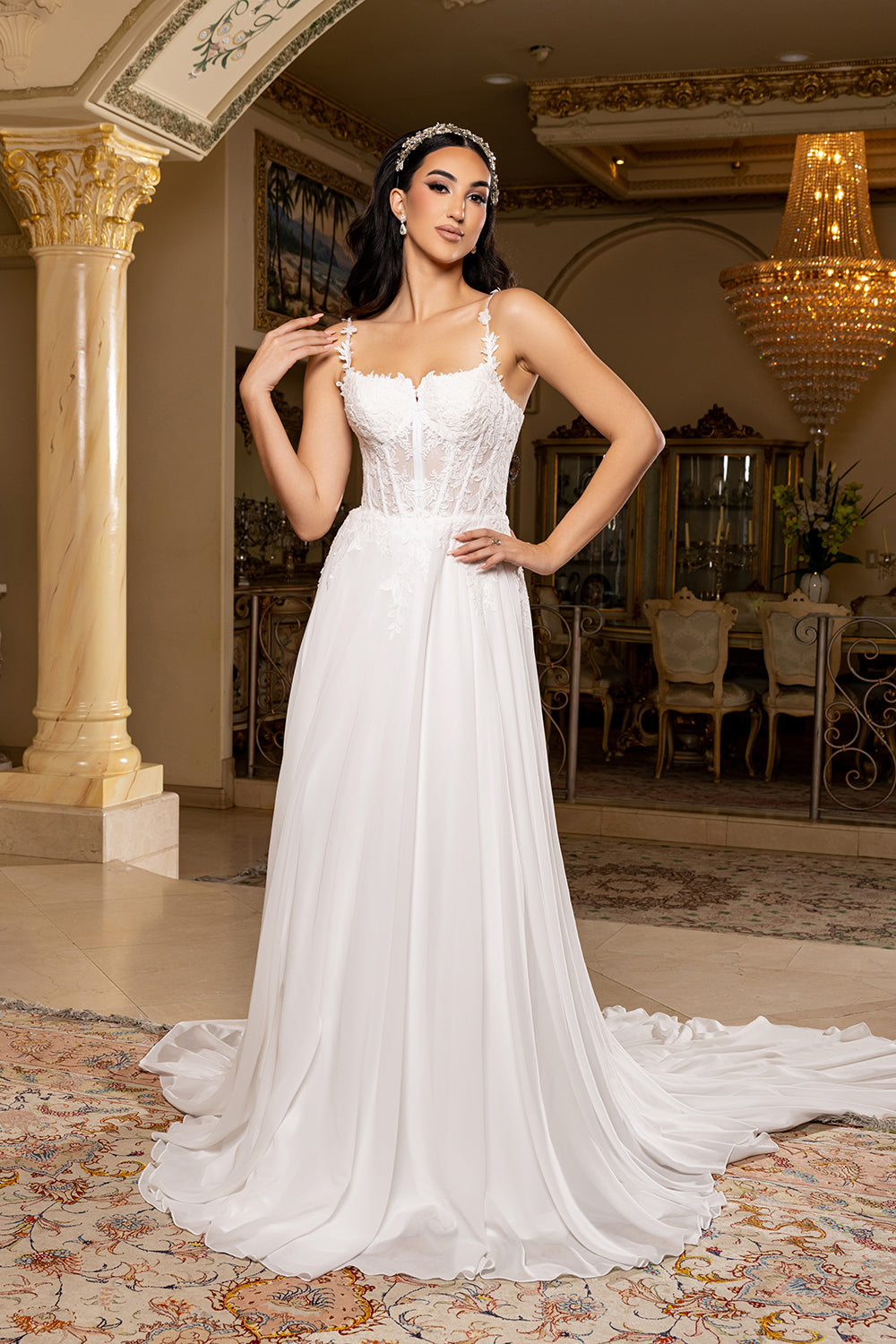 Sweetheart Floral Spaghetti Strap Sheer Lace A-Line Chiffon Wedding Dress by Royal Queen RQ8248