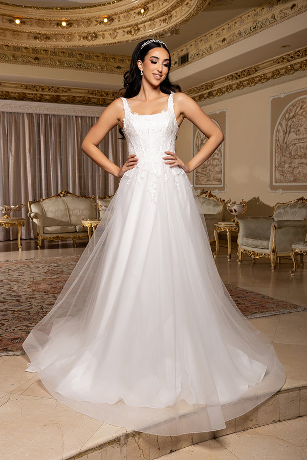 Ivory Floral Lace A-Line Wedding Dress with Square Neckline Lace-Up Back by Royal Queen RQ8249