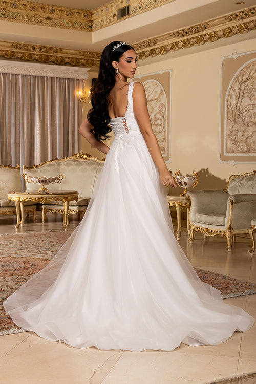 Ivory Floral Lace A-Line Wedding Dress with Square Neckline Lace-Up Back by Royal Queen RQ8249
