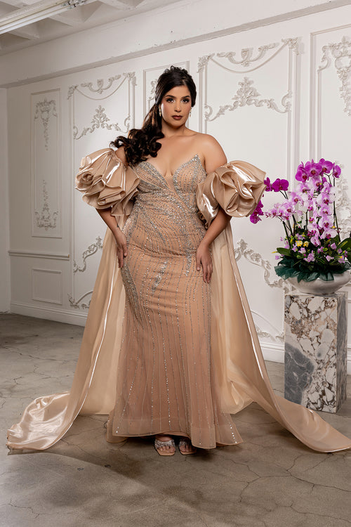 Strapless Deep V-Neck Crystal Beaded Sheath Gown Floor-Length Prom Dress by Royal Queen RQ8250