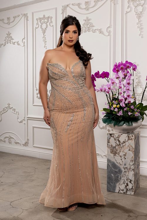 Strapless Deep V-Neck Crystal Beaded Sheath Gown Floor-Length Prom Dress by Royal Queen RQ8250