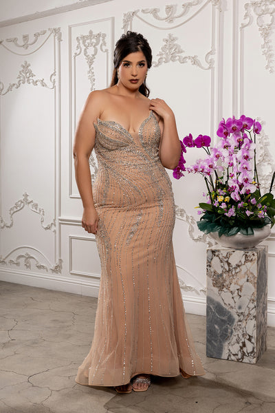 Strapless Deep V-Neck Crystal Beaded Sheath Gown Floor-Length Prom Dress by Royal Queen RQ8250