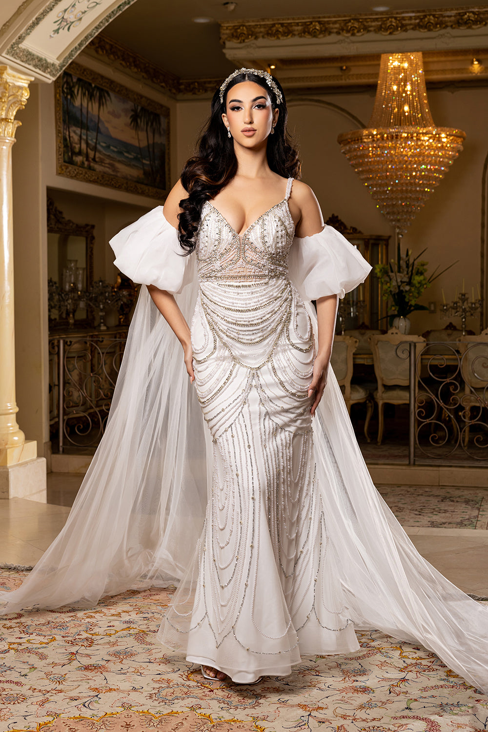 Deep V-Neck Spaghetti Strap Pearl & Crystal Draped Beading Wedding Dress by Royal Queen RQ8251
