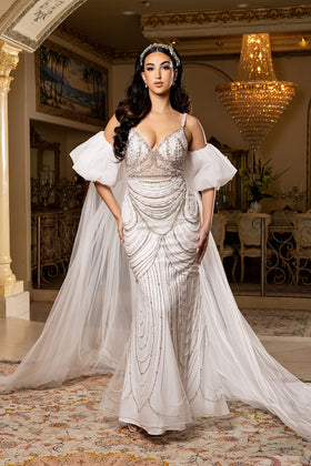 Deep V-Neck Spaghetti Strap Pearl & Crystal Draped Beading Wedding Dress by Royal Queen RQ8251