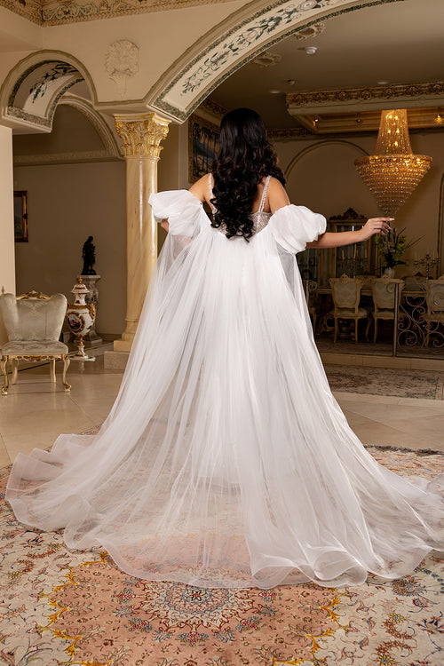 Deep V-Neck Spaghetti Strap Pearl & Crystal Draped Beading Wedding Dress by Royal Queen RQ8251