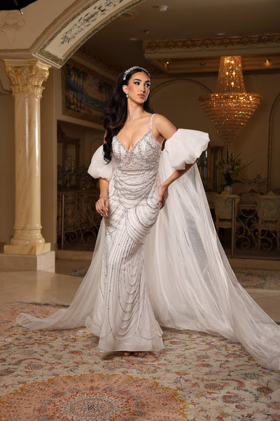 Deep V-Neck Spaghetti Strap Pearl & Crystal Draped Beading Wedding Dress by Royal Queen RQ8251