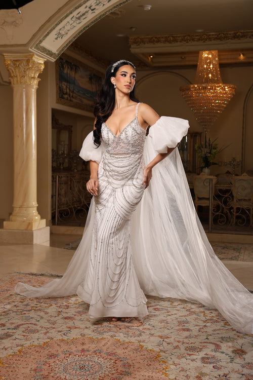Deep V-Neck Spaghetti Strap Pearl & Crystal Draped Beading Wedding Dress by Royal Queen RQ8251