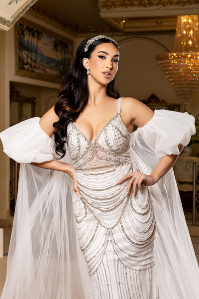 Deep V-Neck Spaghetti Strap Pearl & Crystal Draped Beading Wedding Dress by Royal Queen RQ8251