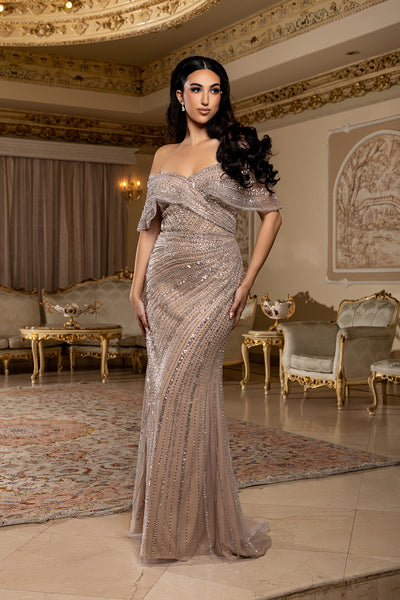 Crossover Wrap Flutter Sleeve Crystal Sequin Beaded Mermaid Prom Dress by Royal Queen RQ8252