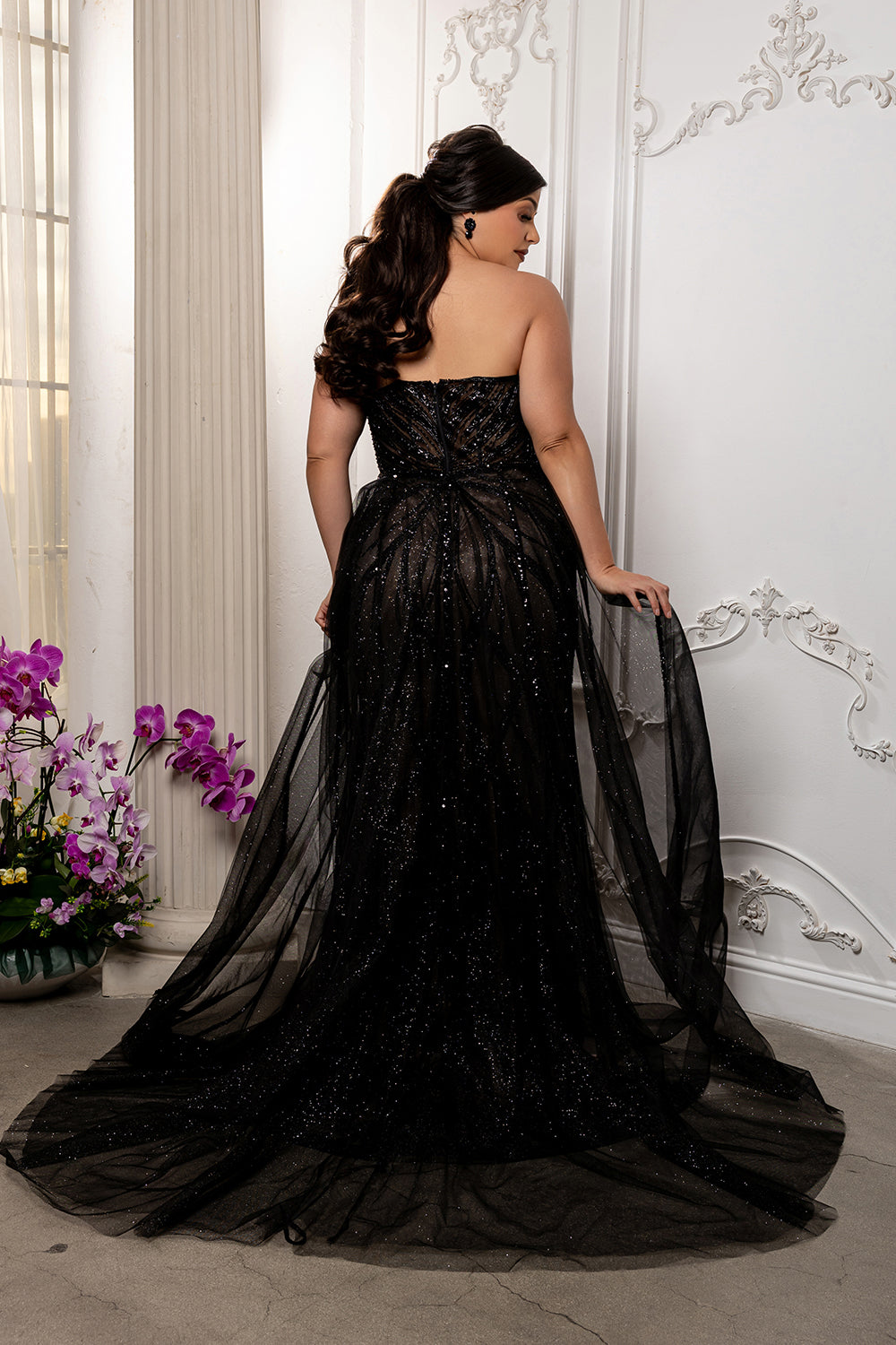 Deep Plunge V-Neck Spaghetti Strap Crystal Beaded Gown with Detachable Tulle by Royal Queen RQ8253