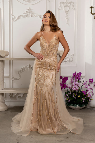 Deep Plunge V-Neck Spaghetti Strap Crystal Beaded Gown with Detachable Tulle by Royal Queen RQ8253