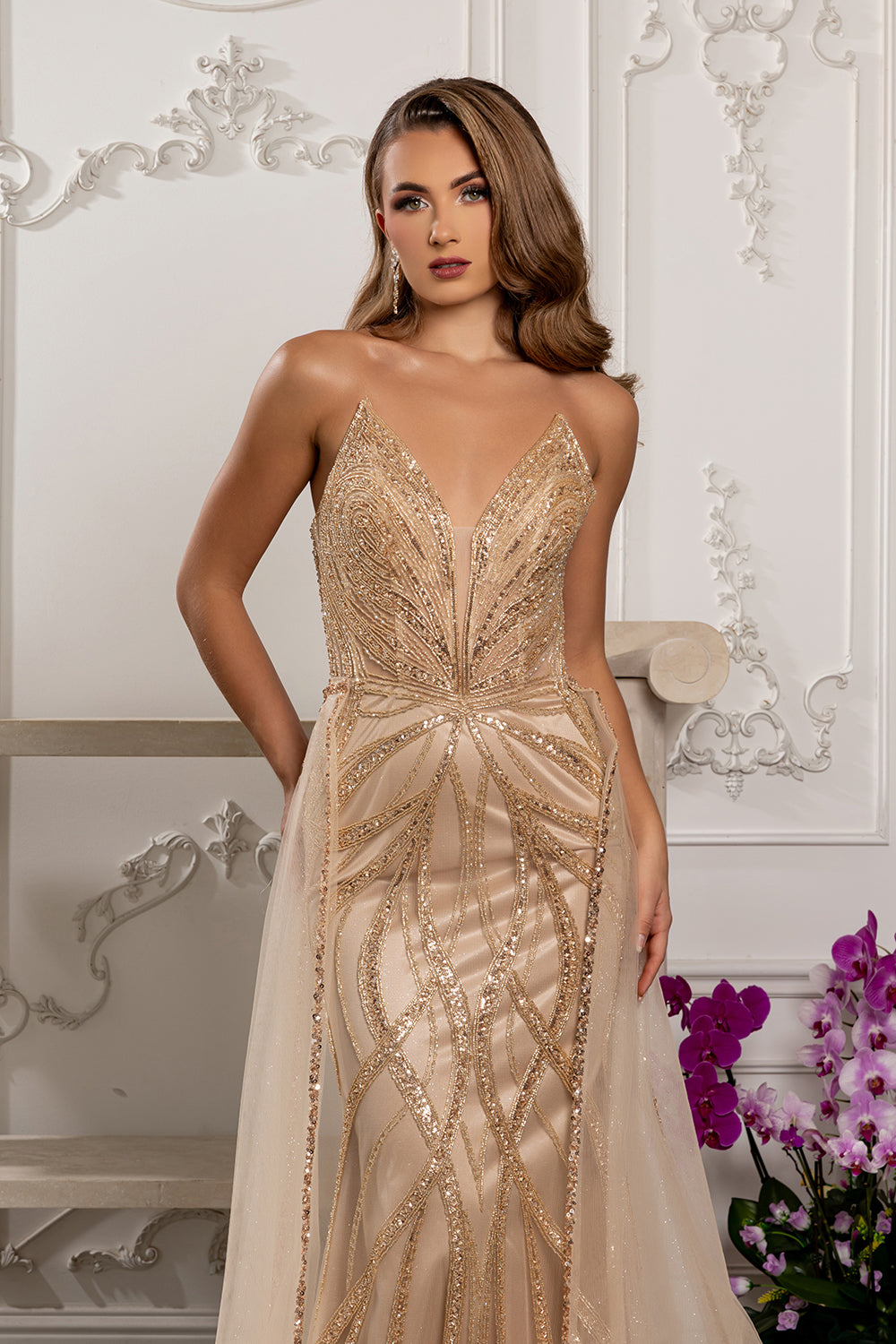 Deep Plunge V-Neck Spaghetti Strap Crystal Beaded Gown with Detachable Tulle by Royal Queen RQ8253