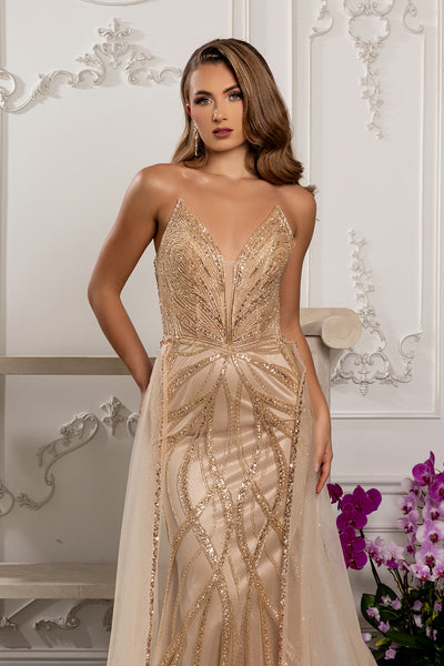 Deep Plunge V-Neck Spaghetti Strap Crystal Beaded Gown with Detachable Tulle by Royal Queen RQ8253