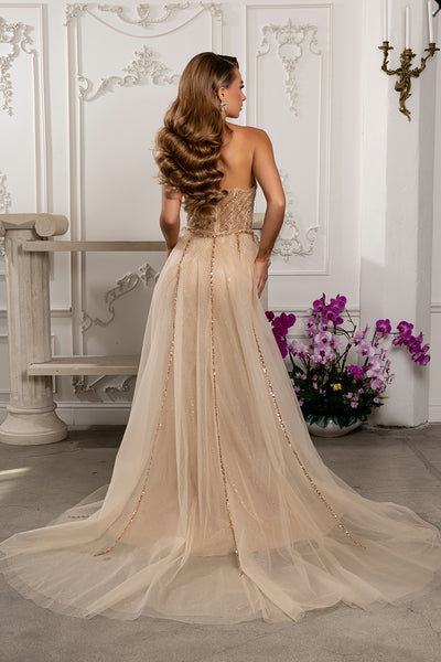 Deep Plunge V-Neck Spaghetti Strap Crystal Beaded Gown with Detachable Tulle by Royal Queen RQ8253