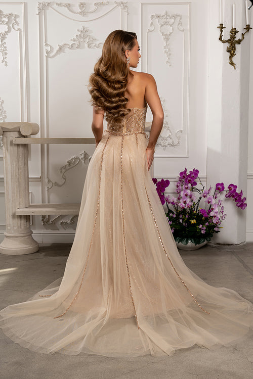Deep Plunge V-Neck Spaghetti Strap Crystal Beaded Gown with Detachable Tulle by Royal Queen RQ8253