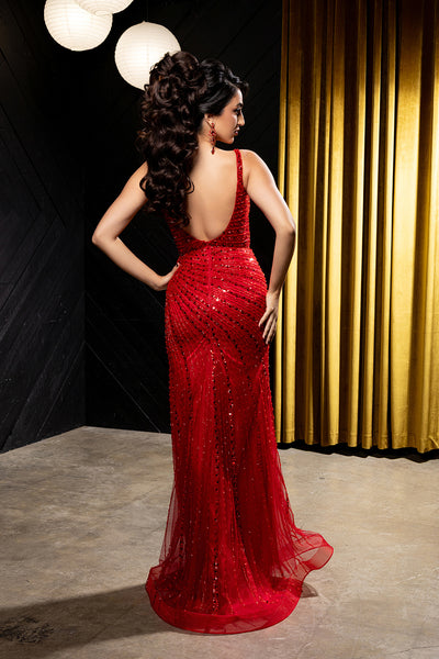 Sweetheart Spaghetti Strap Beaded Corset Bodice Sheath Gown with High Slit by Royal Queen RQ8255