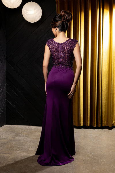 Scoop Neck Cap Sleeve Floral Lace Appliqué Bodice Sheath Gown with Front Slit by Royal Queen RQ8256