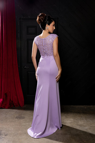Scoop Neck Cap Sleeve Floral Lace Appliqué Bodice Sheath Gown with Front Slit by Royal Queen RQ8256